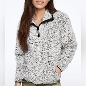 PINK Victoria's Secret Salt & Pepper Sherpa Half-Zip Drawstring Pullover Jacket